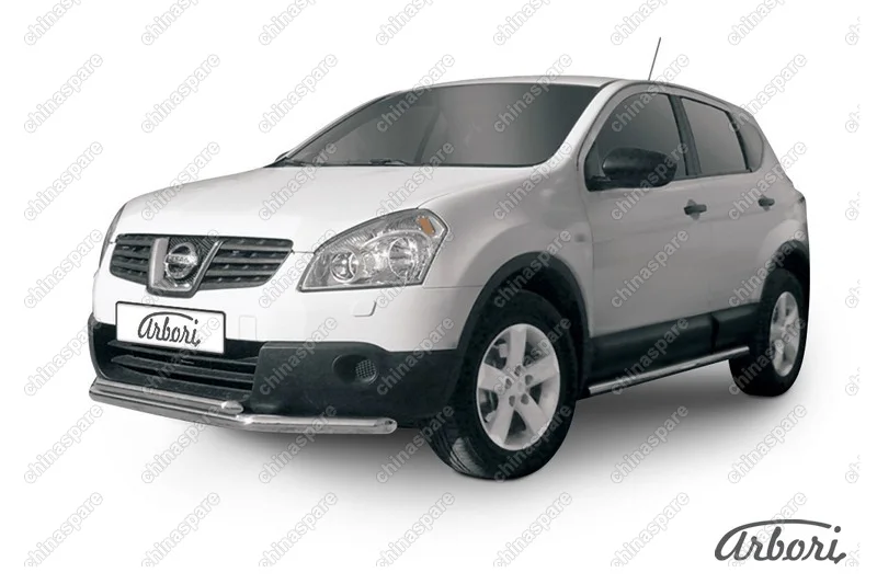 Защита переднего бампера d57+d42 двойная короткая Arbori нерж. сталь для Nissan QASHQAI+2 2011-2013