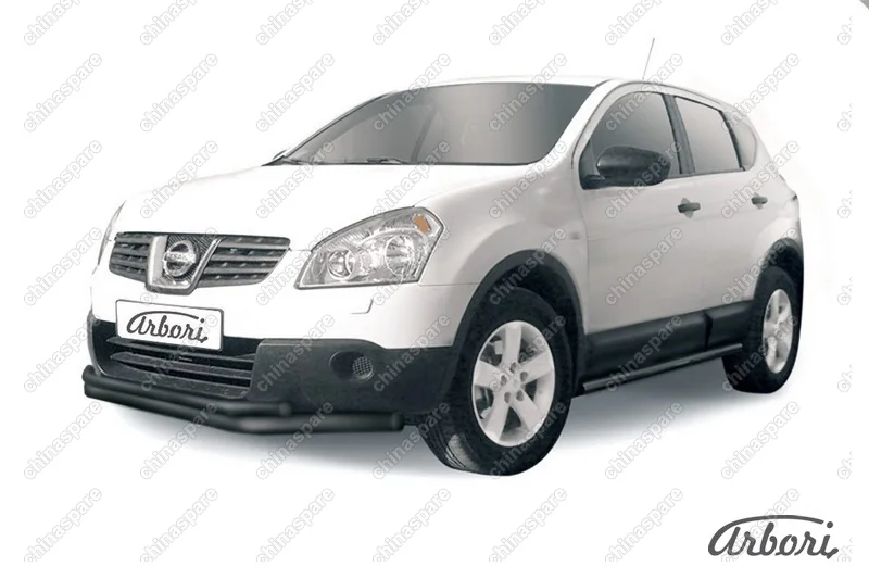 Защита переднего бампера d57+d42 двойная длинная Arbori черн. для Nissan QASHQAI+2 2011-2013