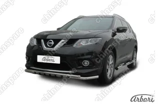 AFZDANXT1501 Защита переднего бампера d57+d42 двойная с декоративными элементами Arbori нерж. сталь для NISSAN X-Trail 2015-нв