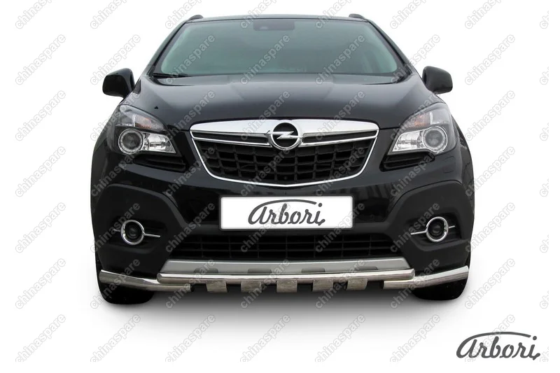 Защита переднего бампера d57+d42 двойная с профильной ЗК Arbori нерж. сталь для Opel Mokka 2013-2016