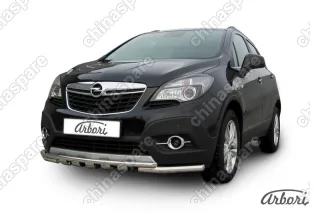 Защита переднего бампера d57+d42 двойная с профильной ЗК Arbori нерж. сталь для Opel Mokka 2013-2016