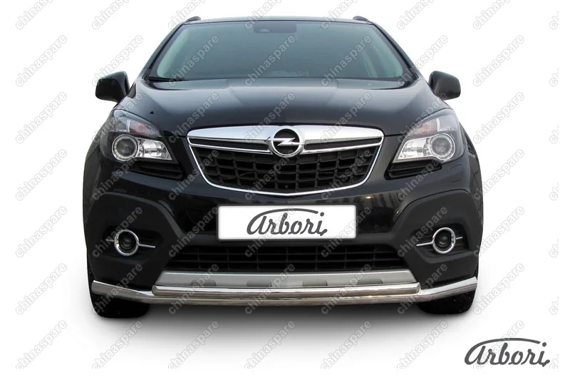 Защита переднего бампера d57+d42 двойная длинная Arbori нерж. сталь для Opel Mokka 2013-2016