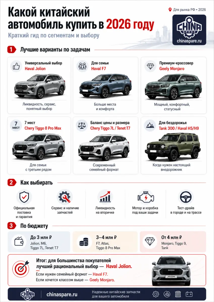 Инфографика: выбор китайского автомобиля в 2026 году по задаче, бюджету и проверкам перед покупкой